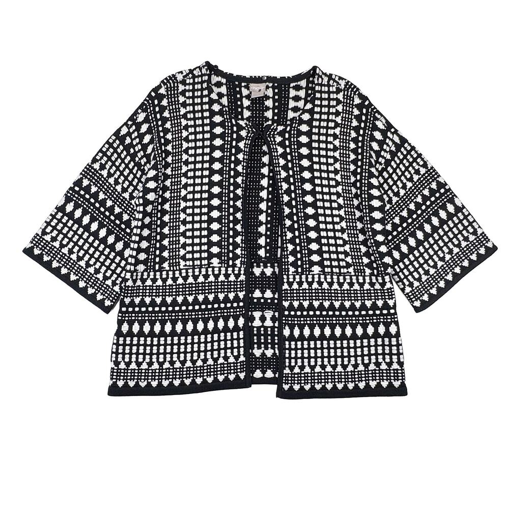 Chico’s Kimono Cardigan Sweater Black White Size 1 M Removable Faux Fur Collar